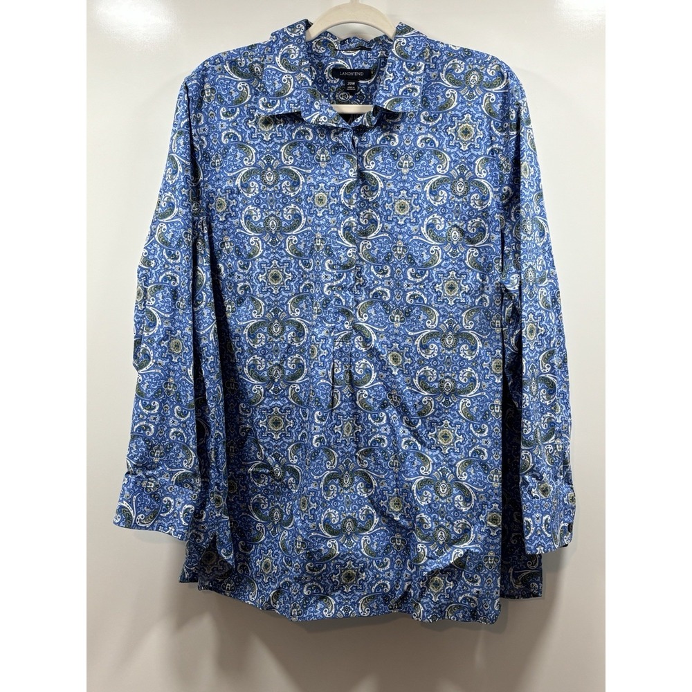 Lands End‎ Womens 20 W No Iron Supima Cotton Blue Paisley Long Sleeve